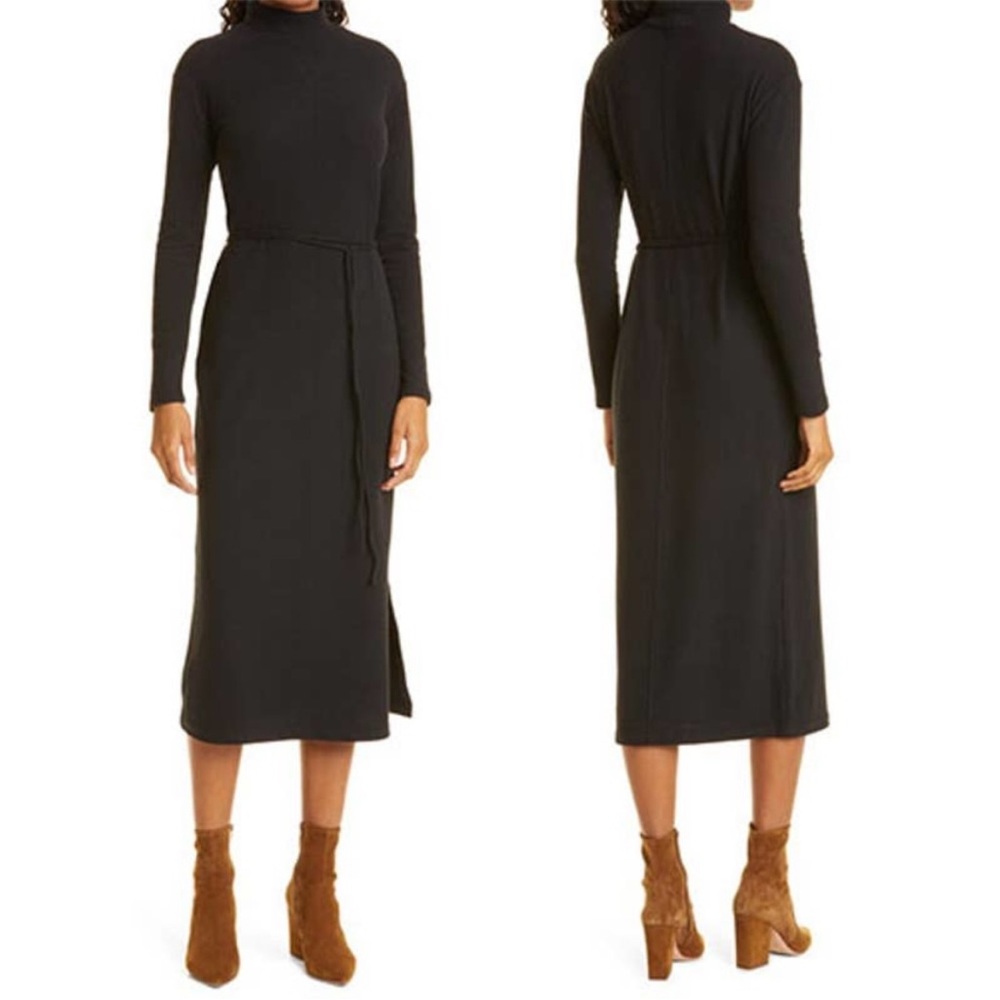 Vince Women's Long Sleeve Waist Tie Mock Neck Knit Dress Black Size Medium